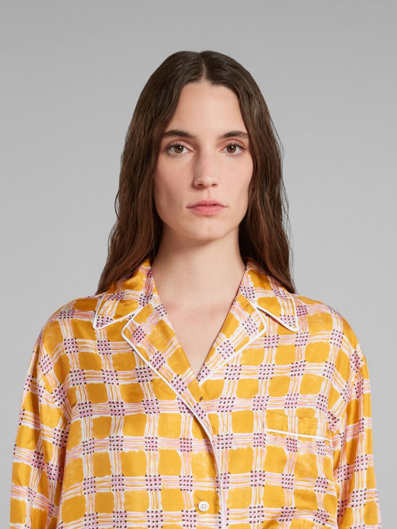 Marni Silk Twill Pyjama Shirt With Check Fields Print Geel | MBEFT15537