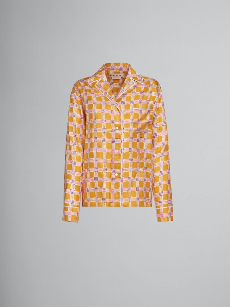 Marni Silk Twill Pyjama Shirt With Check Fields Print Geel | MBEFT15537