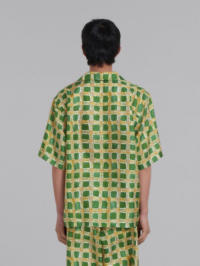 Marni Silk Twill Shirt With Check Fields Print Groen | UBETG76950