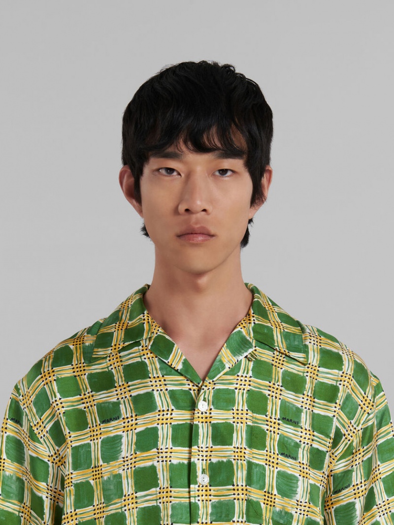 Marni Silk Twill Shirt With Check Fields Print Groen | UBETG76950