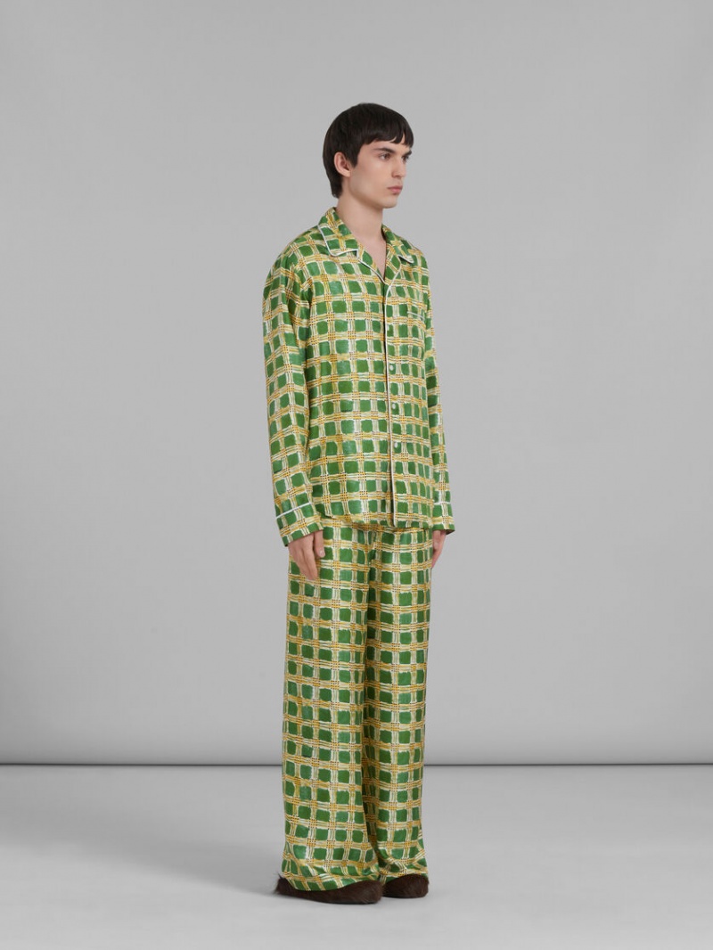 Marni Silk Twill Shirt With Check Fields Print Groen | EBEHC88095