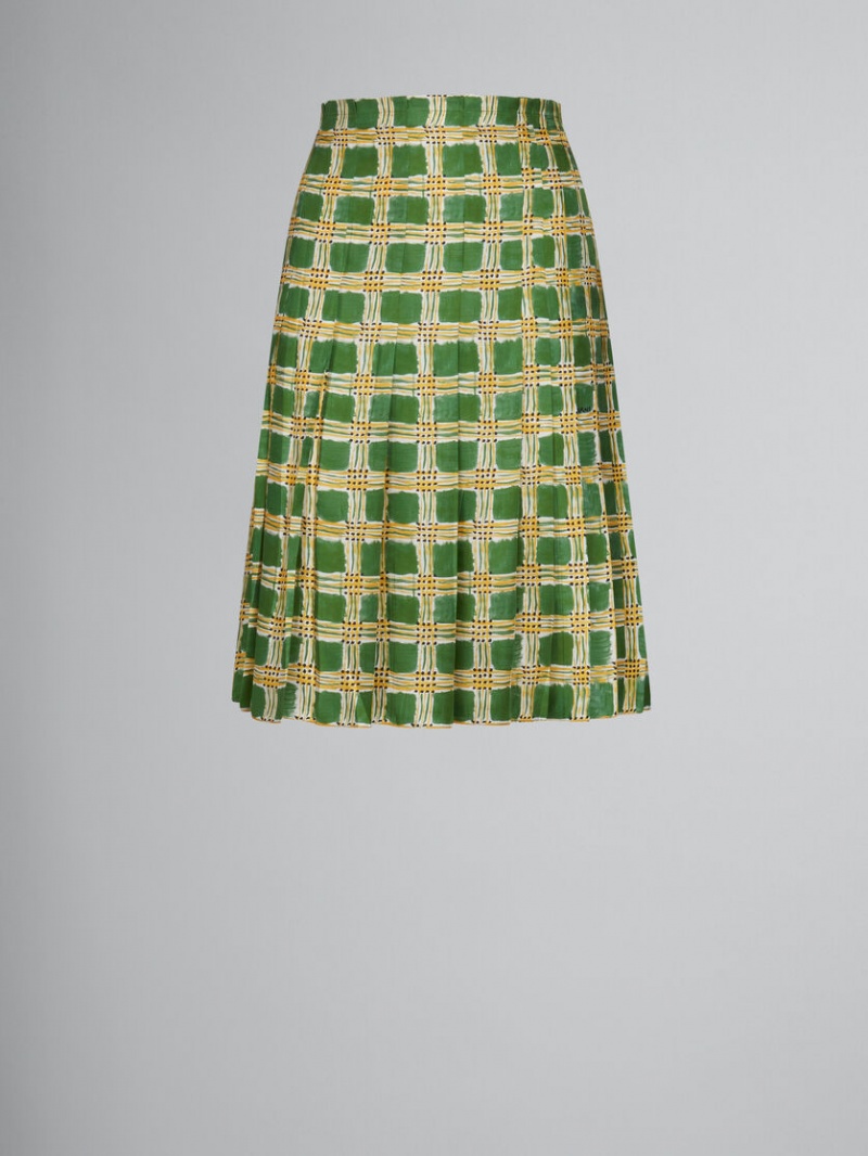 Marni Silk Twill Skirt With Check Fields Print Groen | GBEUC21837