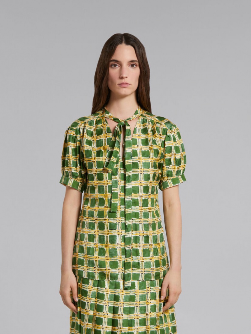 Marni Silk Twill Top With Check Fields Print Groen | BBESO98673