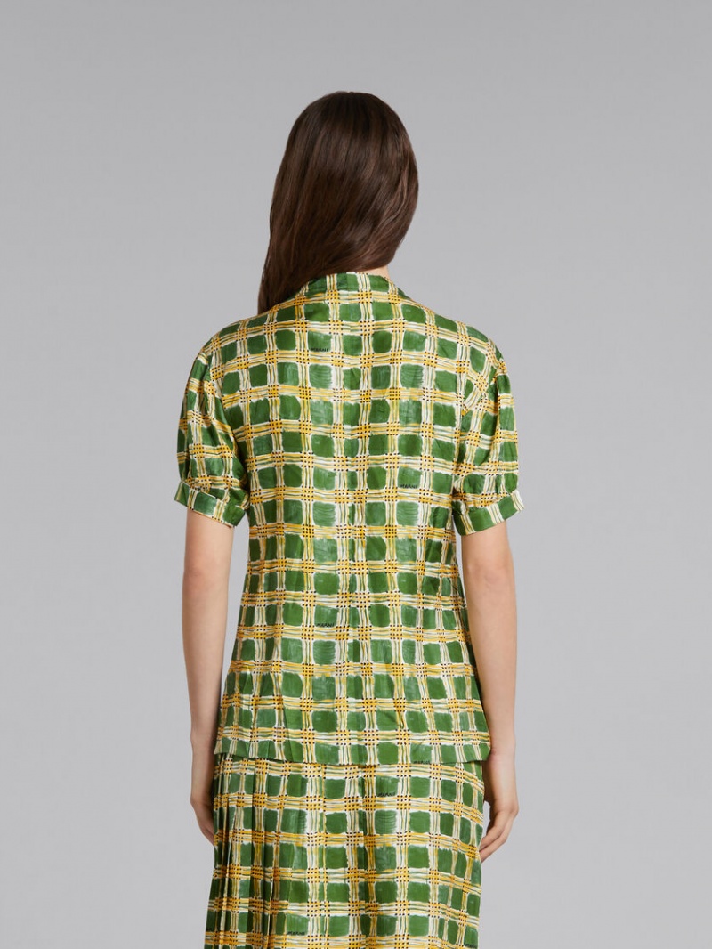 Marni Silk Twill Top With Check Fields Print Groen | BBESO98673