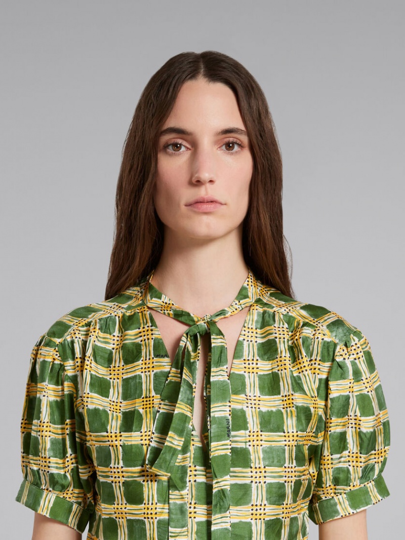 Marni Silk Twill Top With Check Fields Print Groen | BBESO98673