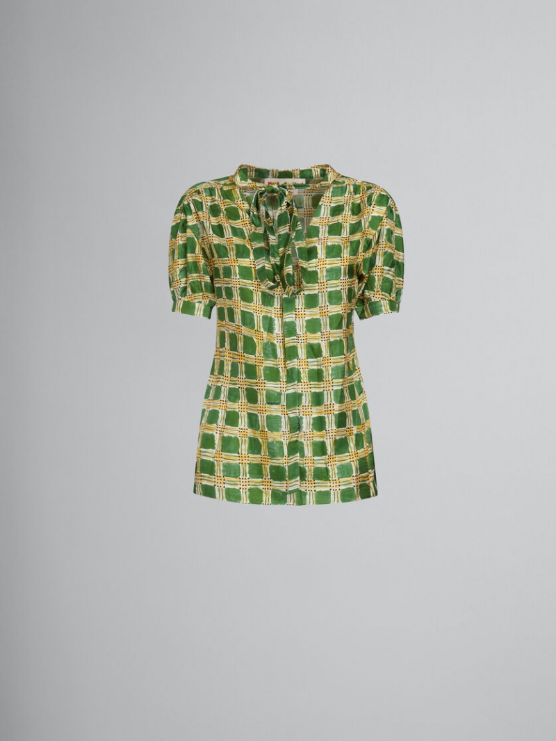 Marni Silk Twill Top With Check Fields Print Groen | BBESO98673