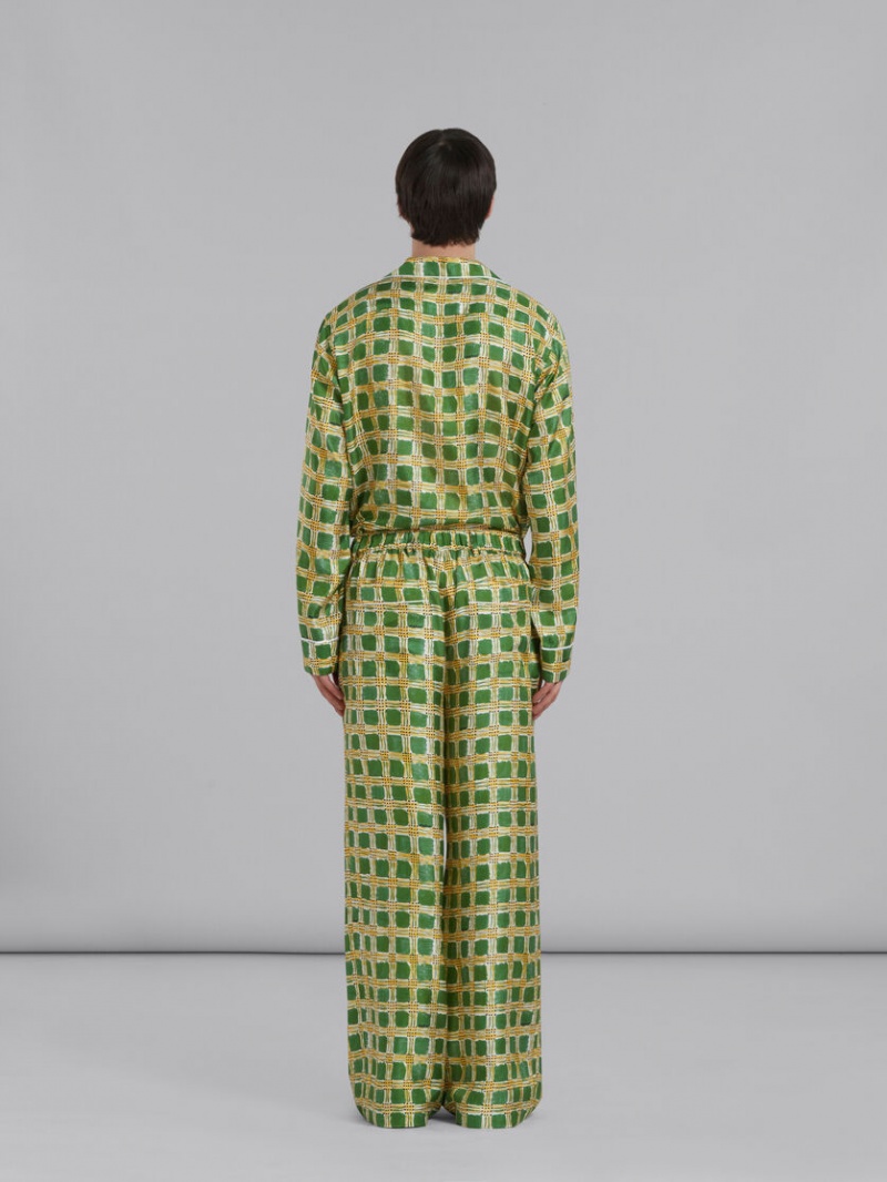 Marni Silk Twill Trousers With Check Fields Print Groen | BEQCS93005