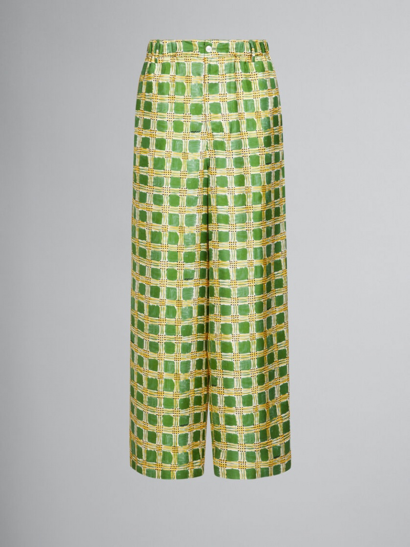 Marni Silk Twill Trousers With Check Fields Print Groen | BEQCS93005