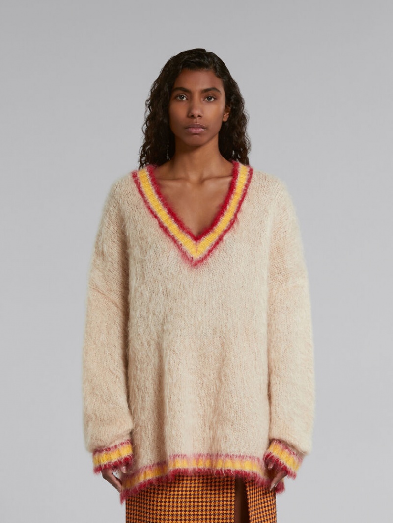 Marni Tan Mohair Jumper With Gestreept Trims Bruin | BEDFL28211