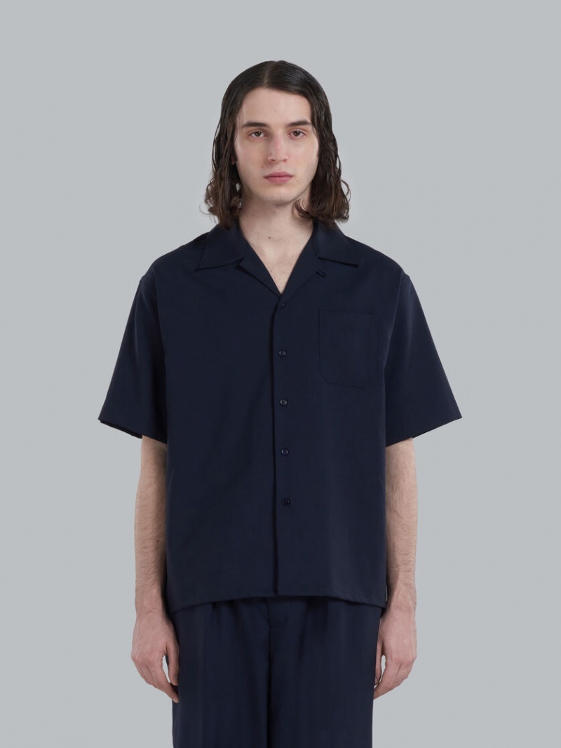 Marni Tropical Wol Bowling Shirt Donkerblauw | TBEWZ88754