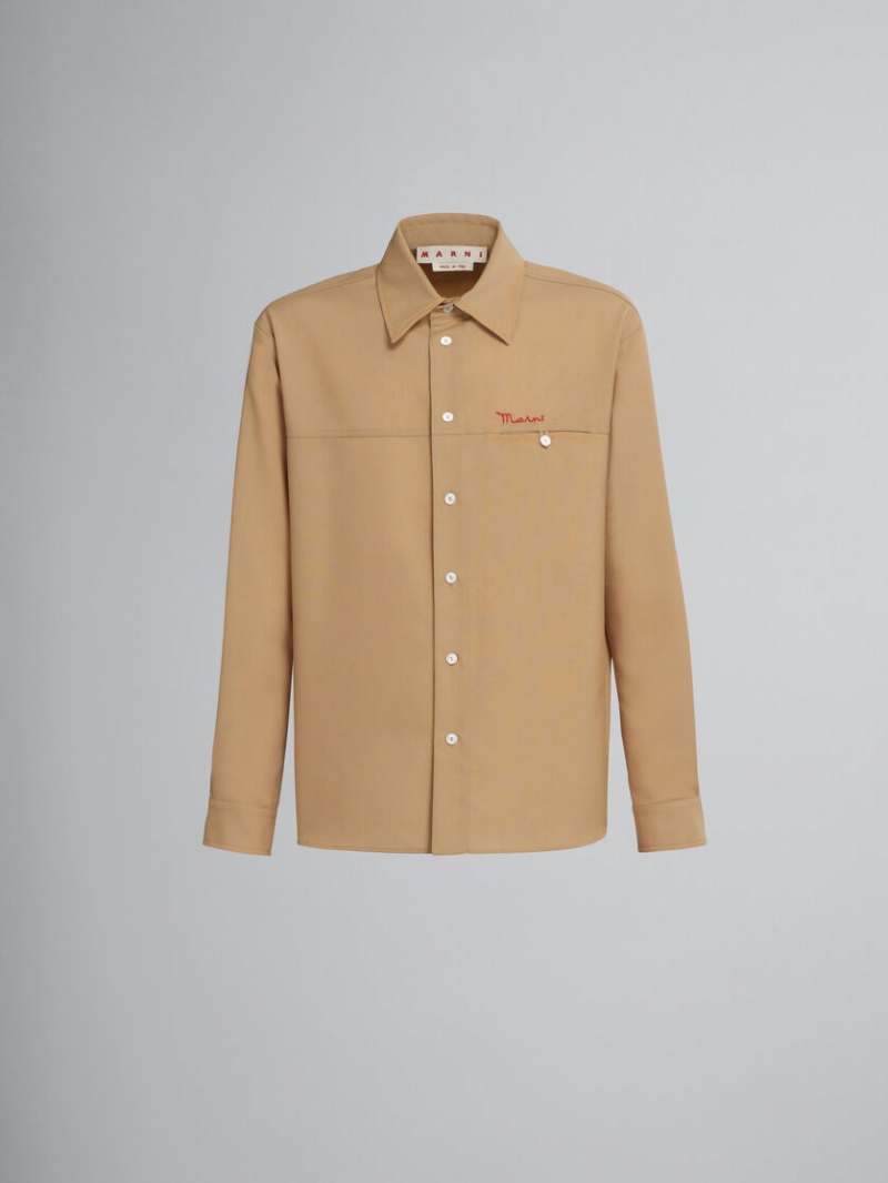 Marni Tropical Wol Shirt With Embroidered Logo Beige | BECIF41545