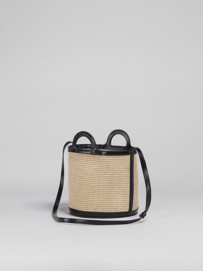 Marni Tropicalia Small Bucket Bag Leren And Raffia Zwart | PBEER22215