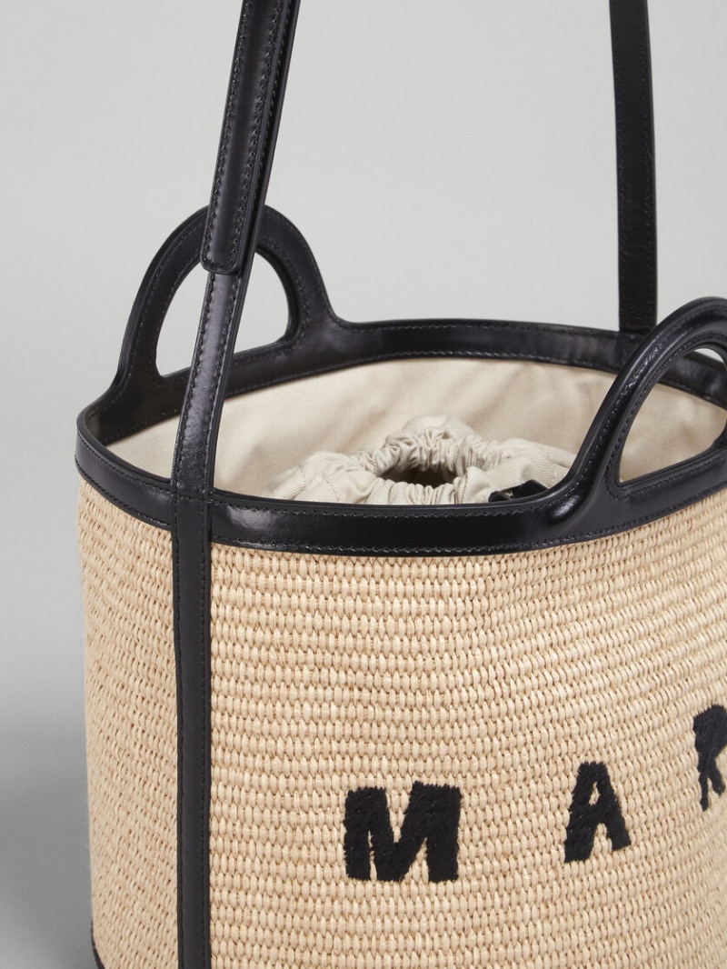 Marni Tropicalia Small Bucket Bag Leren And Raffia Zwart | PBEER22215