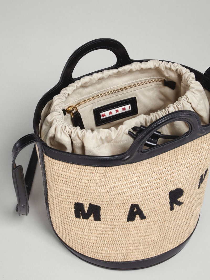 Marni Tropicalia Small Bucket Bag Leren And Raffia Zwart | PBEER22215