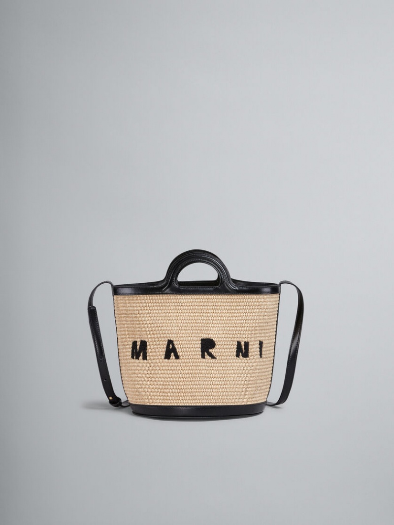 Marni Tropicalia Small Bucket Bag Leren And Raffia Zwart | PBEER22215