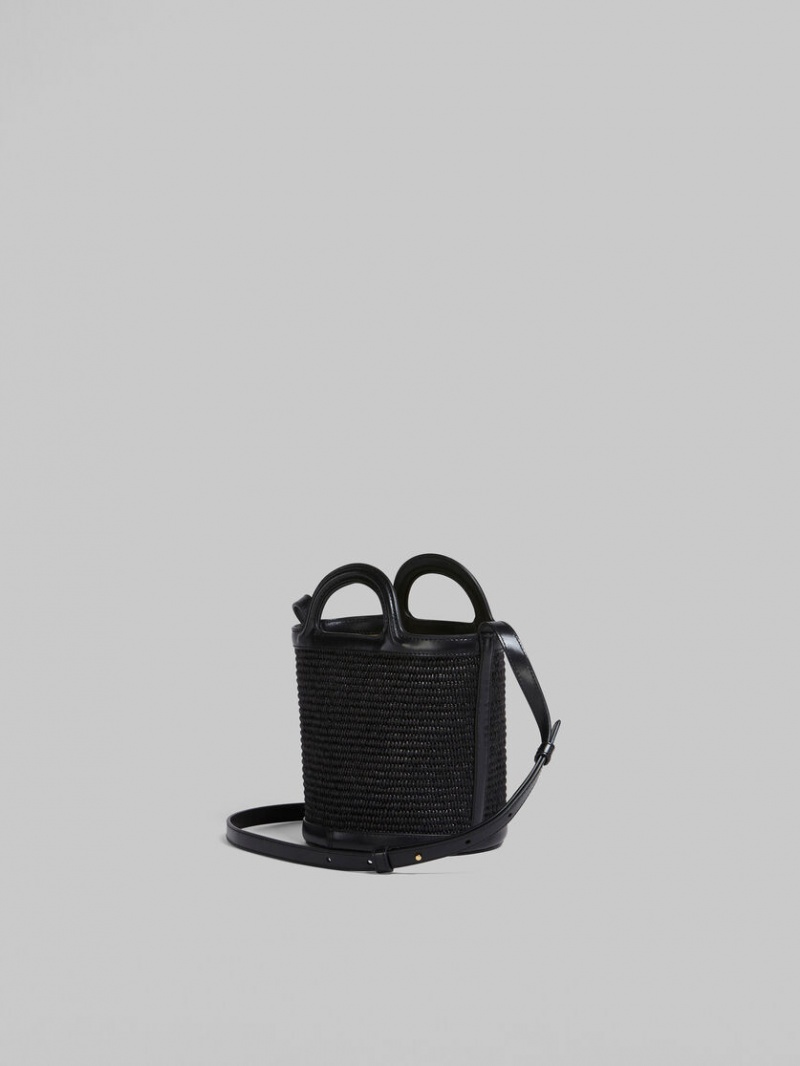 Marni Tropicalia Small Bucket Bag Leren And Raffia Zwart | BENZX23923