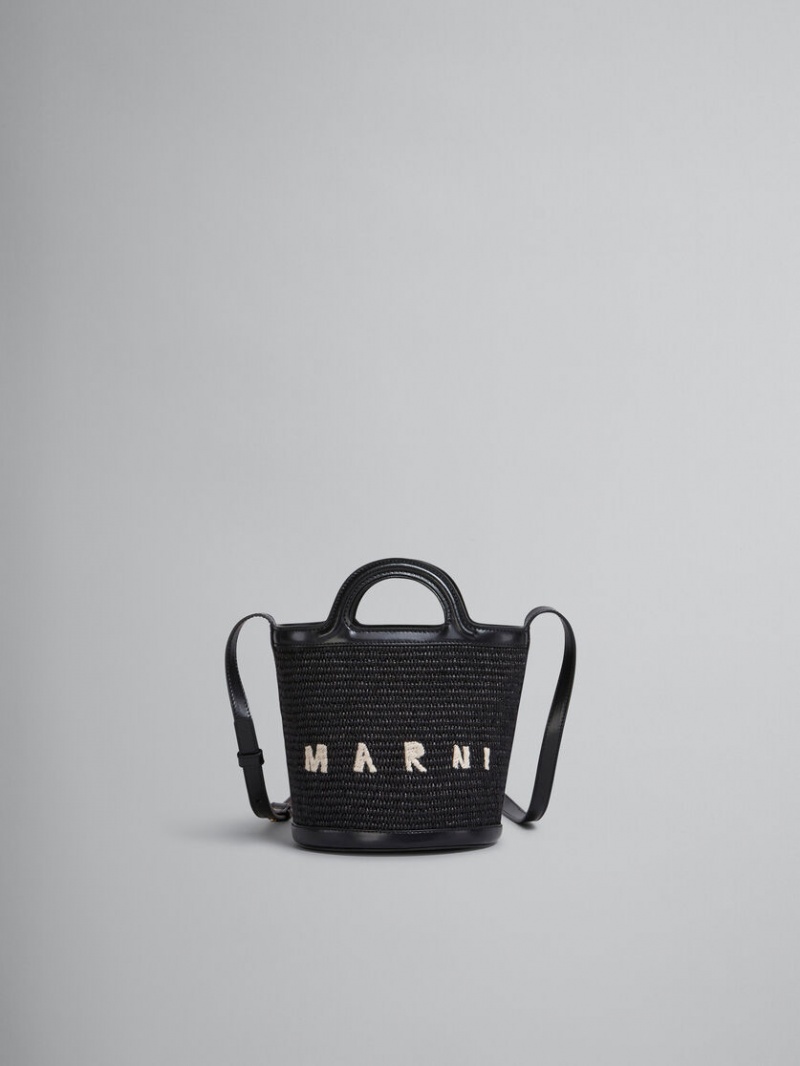 Marni Tropicalia Small Bucket Bag Leren And Raffia Zwart | BENZX23923