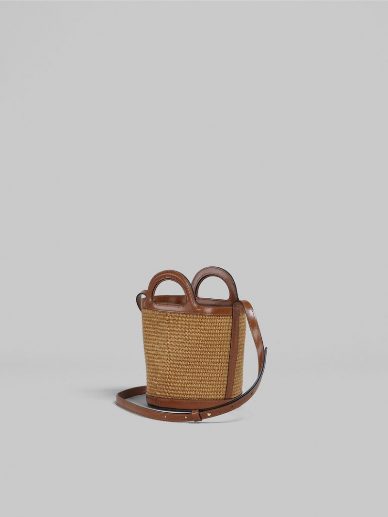 Marni Tropicalia Small Bucket Bag Leren And Raffia Bruin | LBESX20122