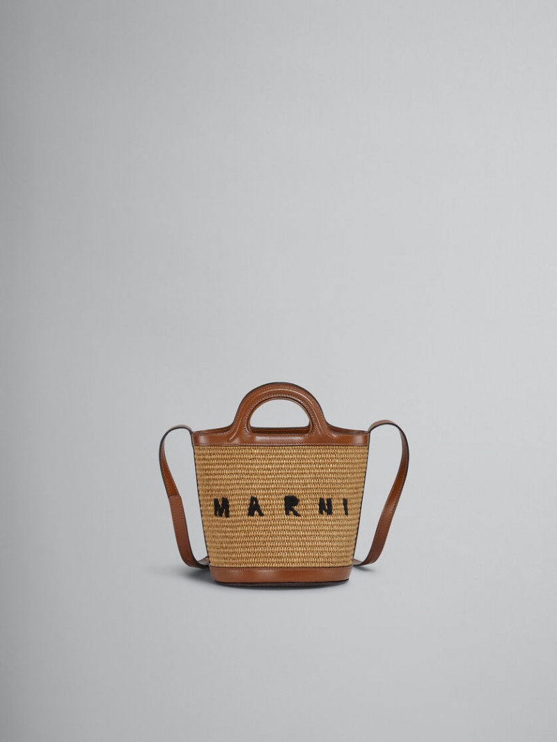 Marni Tropicalia Small Bucket Bag Leren And Raffia Bruin | LBESX20122