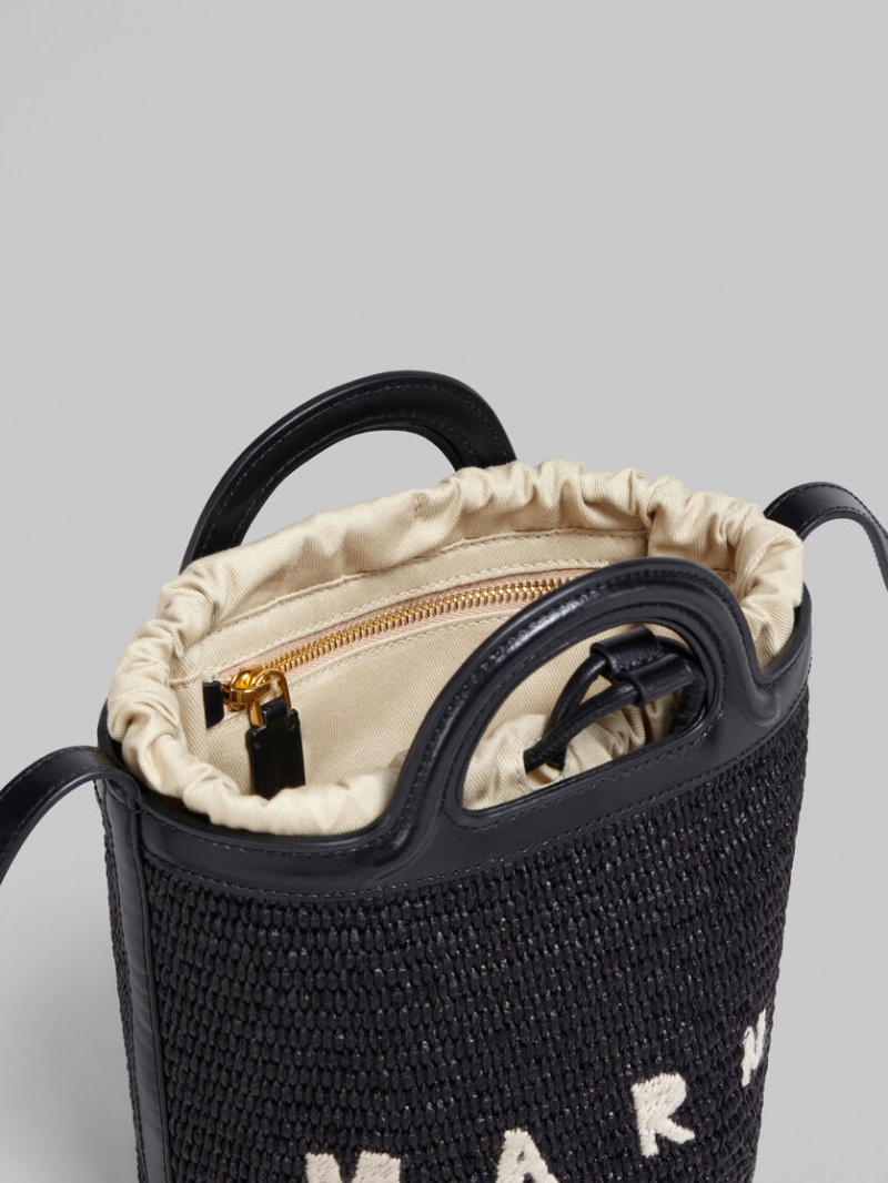 Marni Tropicalia Small Bucket Bag Leren And Raffia Zwart | MBEHR45962