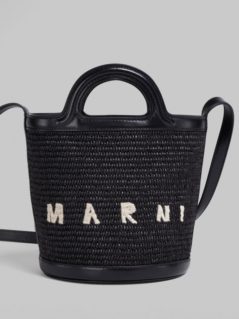 Marni Tropicalia Small Bucket Bag Leren And Raffia Zwart | MBEHR45962