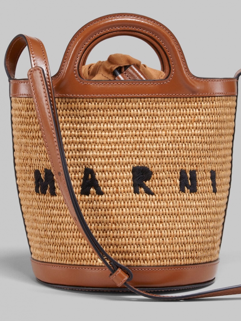 Marni Tropicalia Small Bucket Bag Leren And Raffia Bruin | SBENY14554