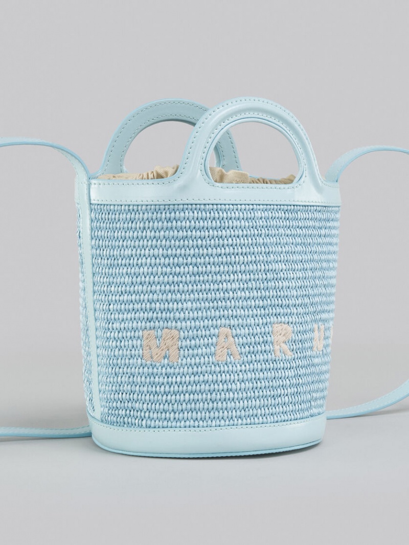 Marni Tropicalia Small Bucket Bag Leren And Raffia Lichtblauw | BEJZR22073