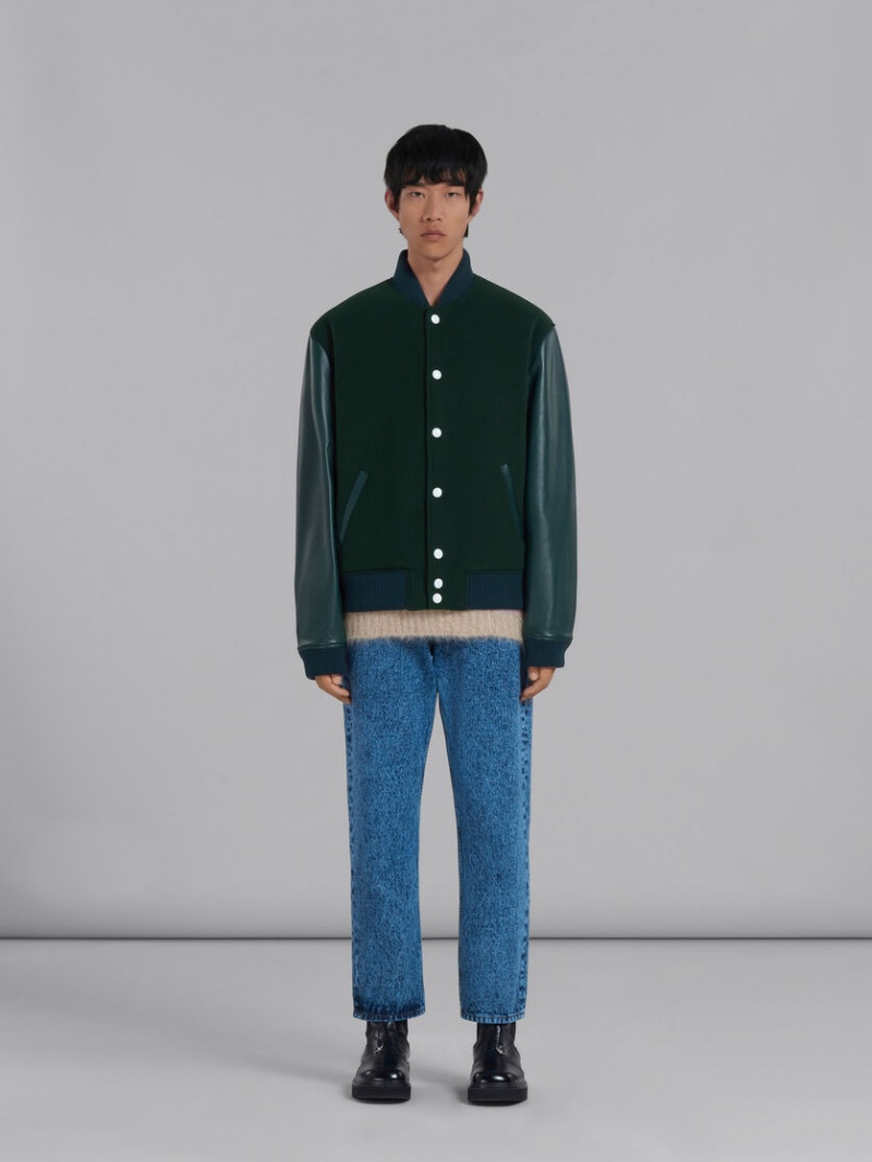 Marni Wol Felt Bomber With Leren Sleeves Groen | ZBEMJ71362