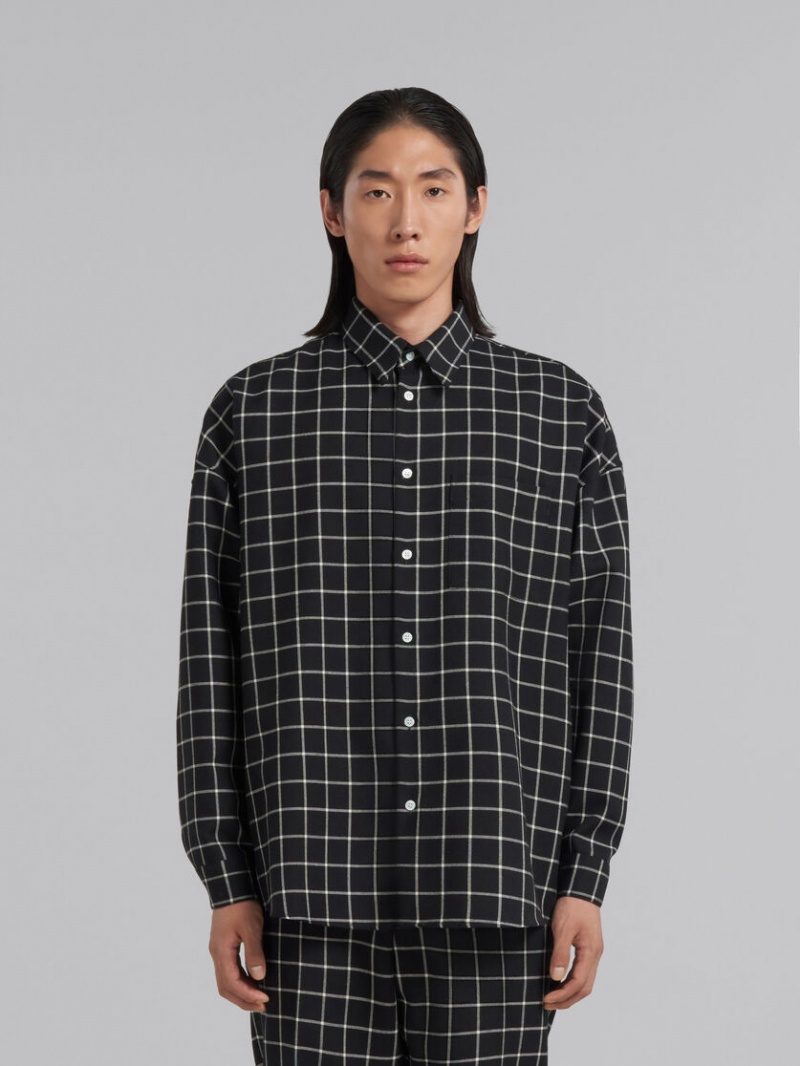 Marni Wol Long-sleeved Shirt With Checked Pattern Zwart | FBEHY46188