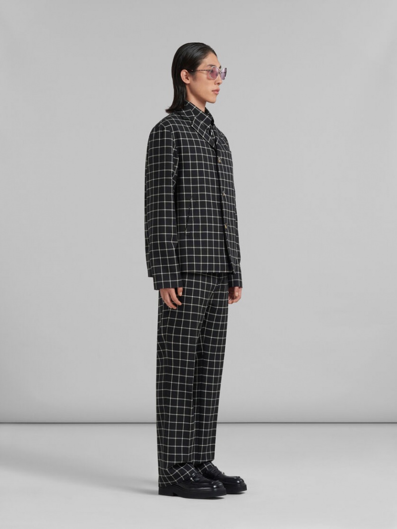 Marni Wol Long-sleeved Shirt With Checked Pattern Zwart | FBEHY46188