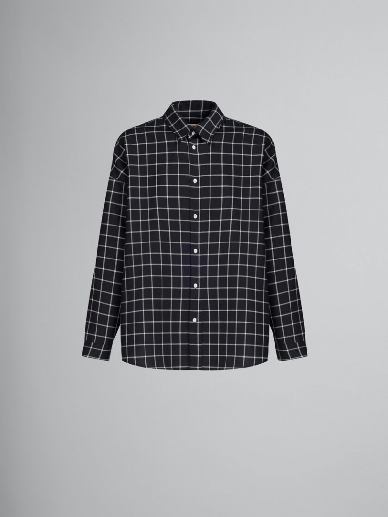 Marni Wol Long-sleeved Shirt With Checked Pattern Zwart | FBEHY46188