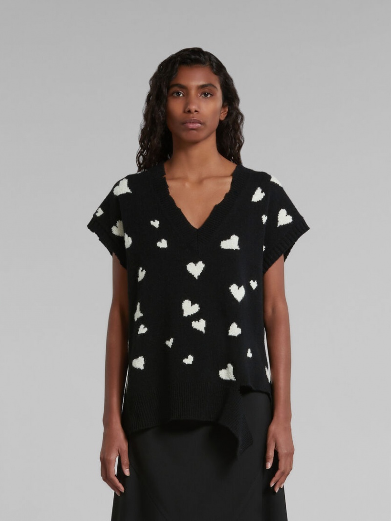 Marni Wol Vest With Bunch Of Hearts Print Zwart | TBEPQ81820