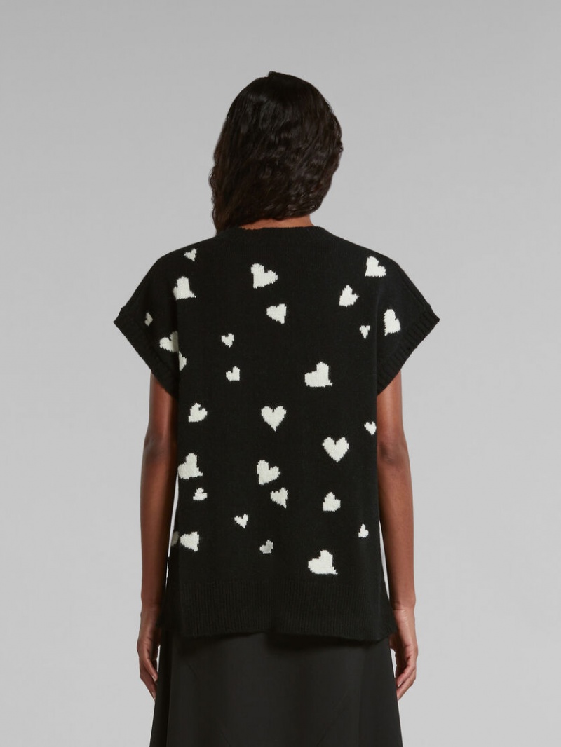 Marni Wol Vest With Bunch Of Hearts Print Zwart | TBEPQ81820