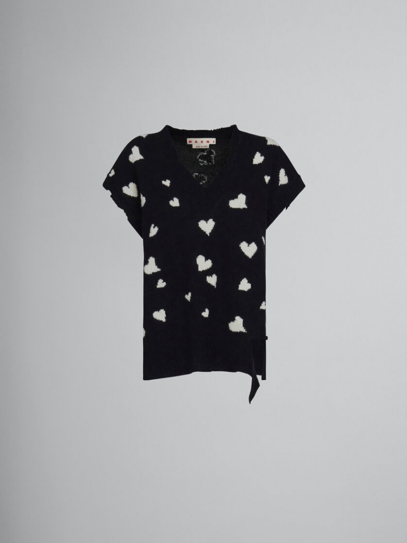 Marni Wol Vest With Bunch Of Hearts Print Zwart | TBEPQ81820